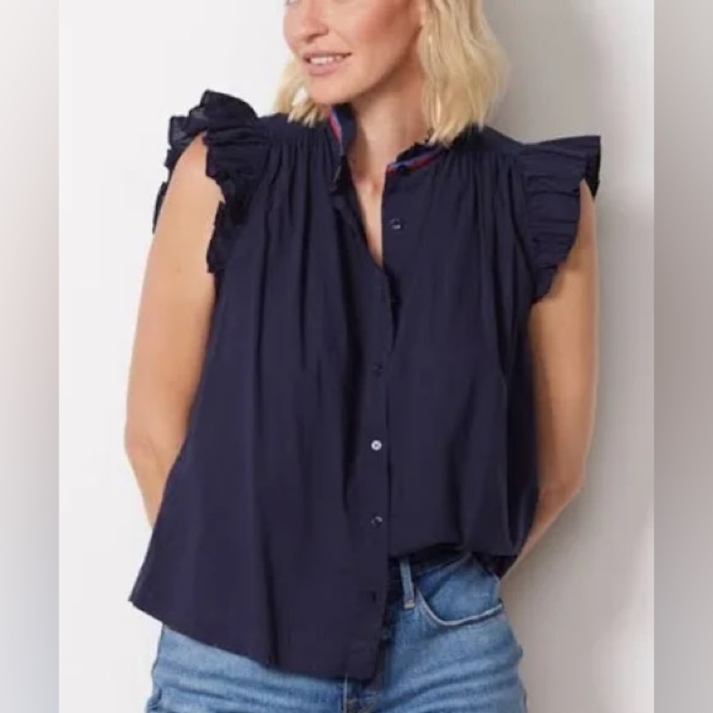 $128 New! Sundry Flutter Sleeve Button Down - Navy - 1(S)